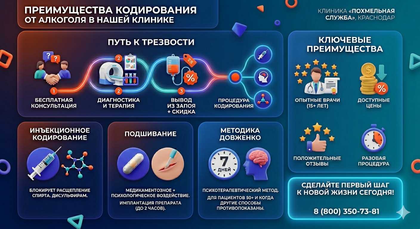 Инфографика о методах кодирования от алкоголя в Тавричанке: инъекции, подшивание, метод Довженко. Преимущества клиники и этапы лечения.